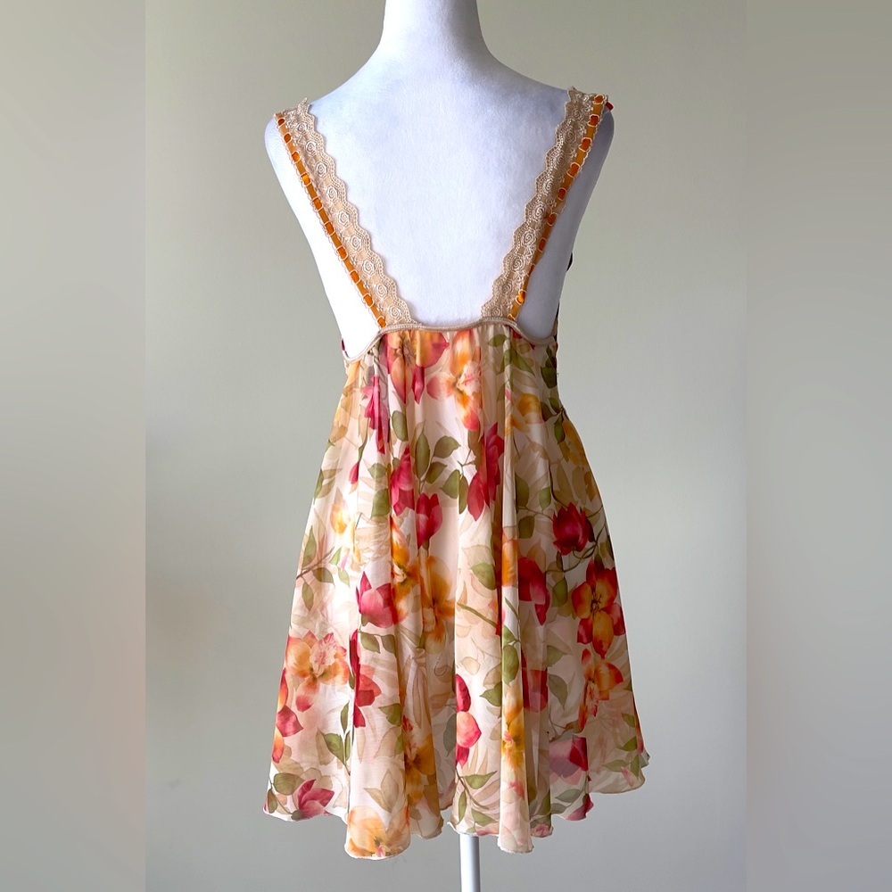 Floral Chiffon Lace Trim two pieces Lingerie Nightgown set Size M/L EUC - Picture 3 of 6